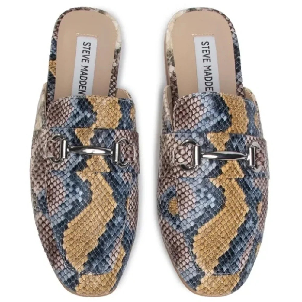 Steve Madden Snake-Print Mules in Tan, Blue & Brown